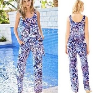 Lilly Pulitzer Nena Jumpsuit Velour Multi-color Sleeveless Size M Elastic Waist